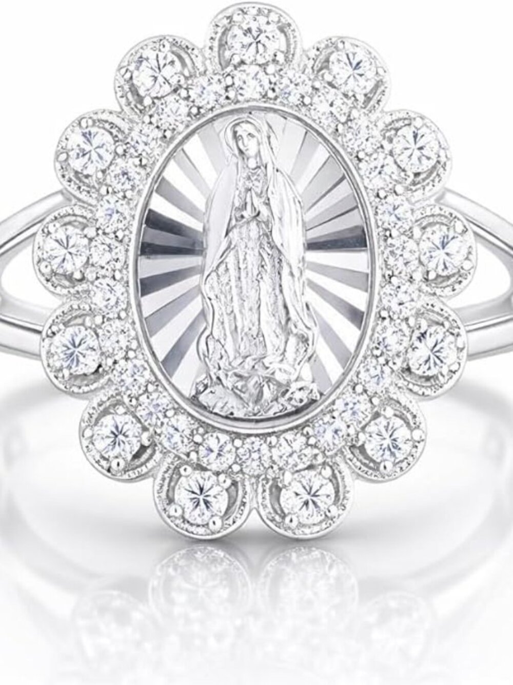 Savlano 18K White Gold Plated Oval Lady of Guadalupe Virgin Ring Size 9